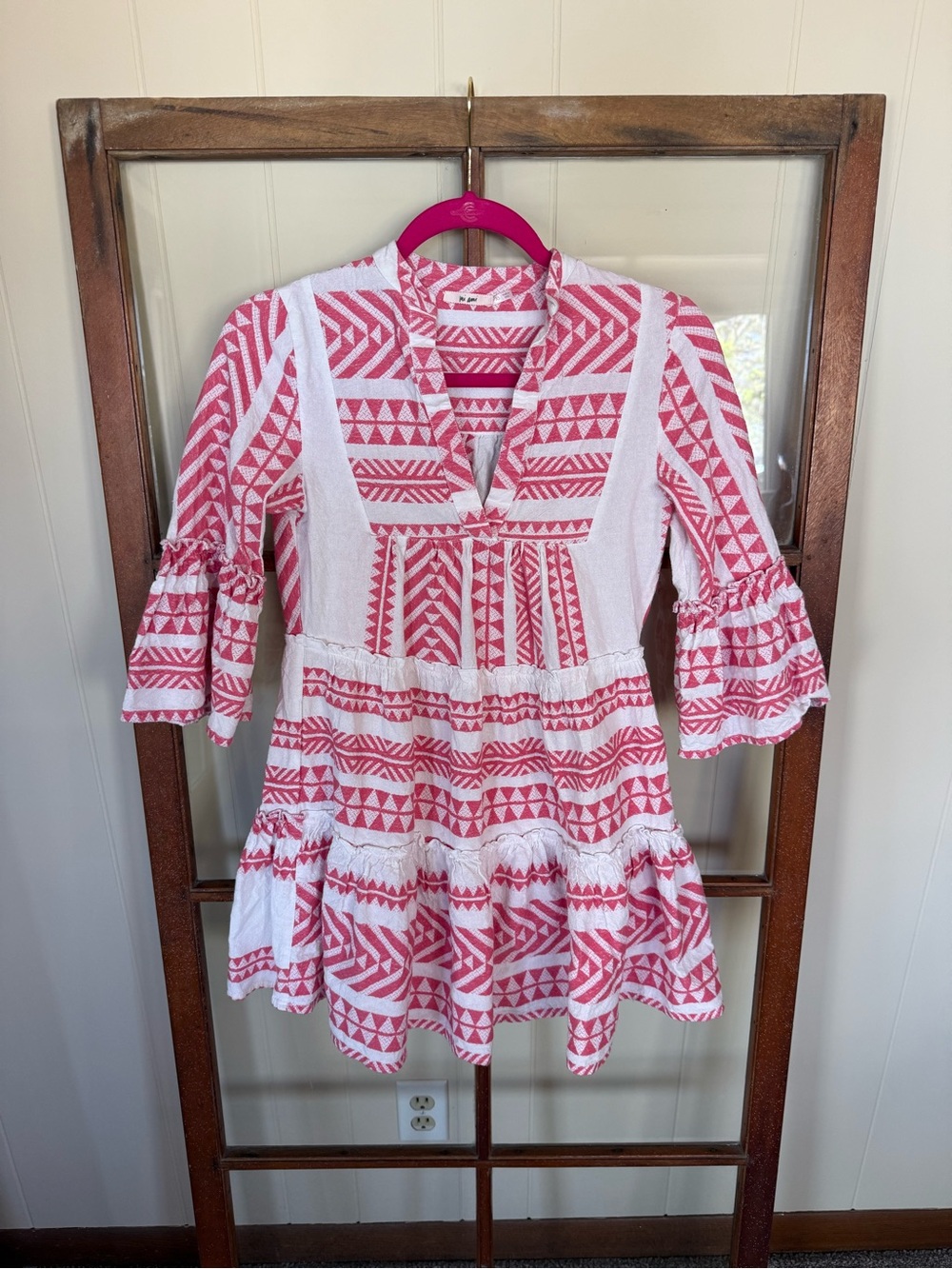 Mi Ami Pink & White Boho Geometric Tiered Mini Dress Bell Sleeve Babydoll - XS - Picture 1 of 4